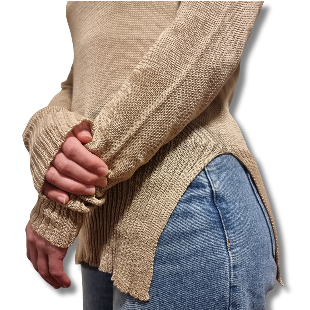 100% Cotton Split hem jumper in a light latte brown colour. Made ethically and consciously in New Zealand.