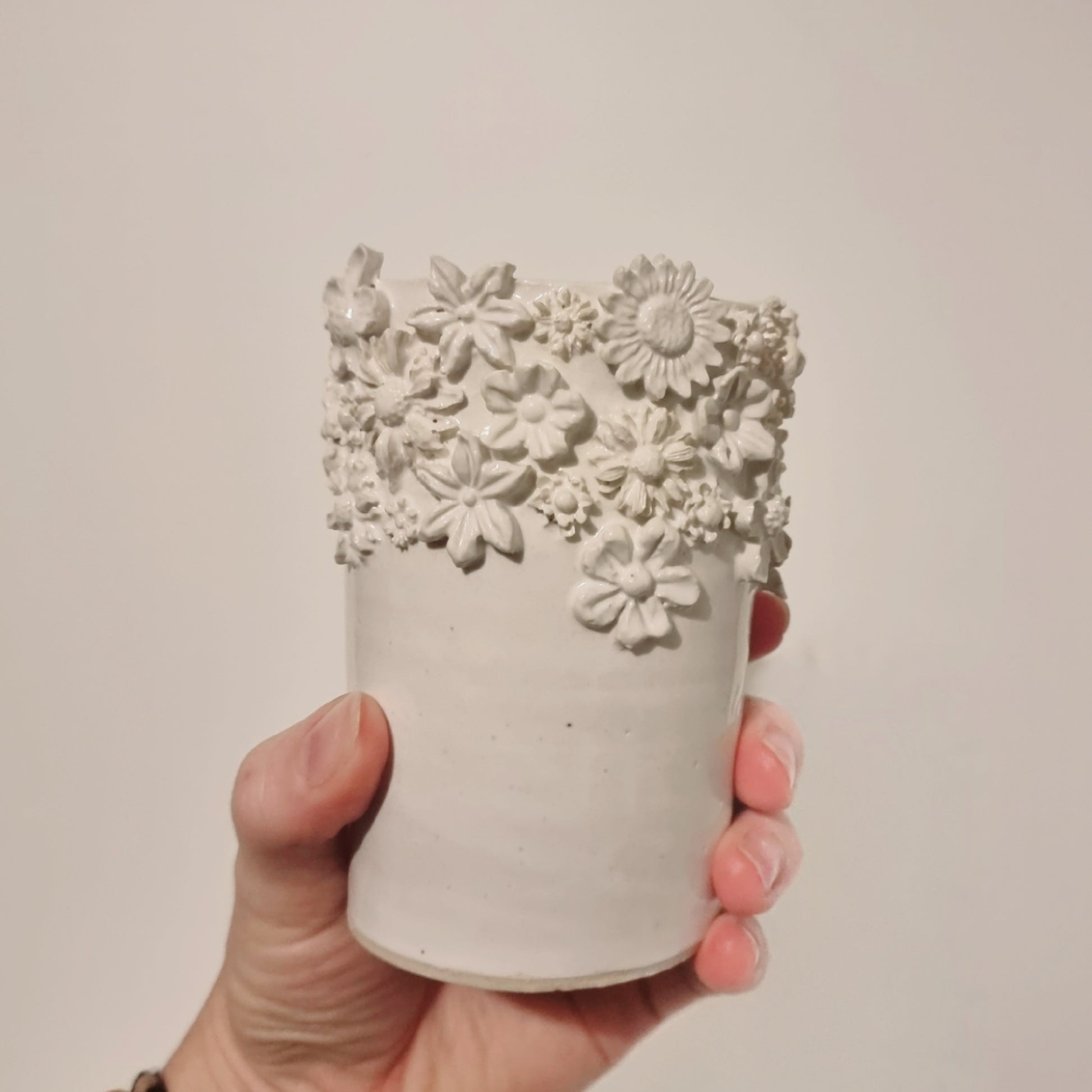 White floral ceramic vase, handmade