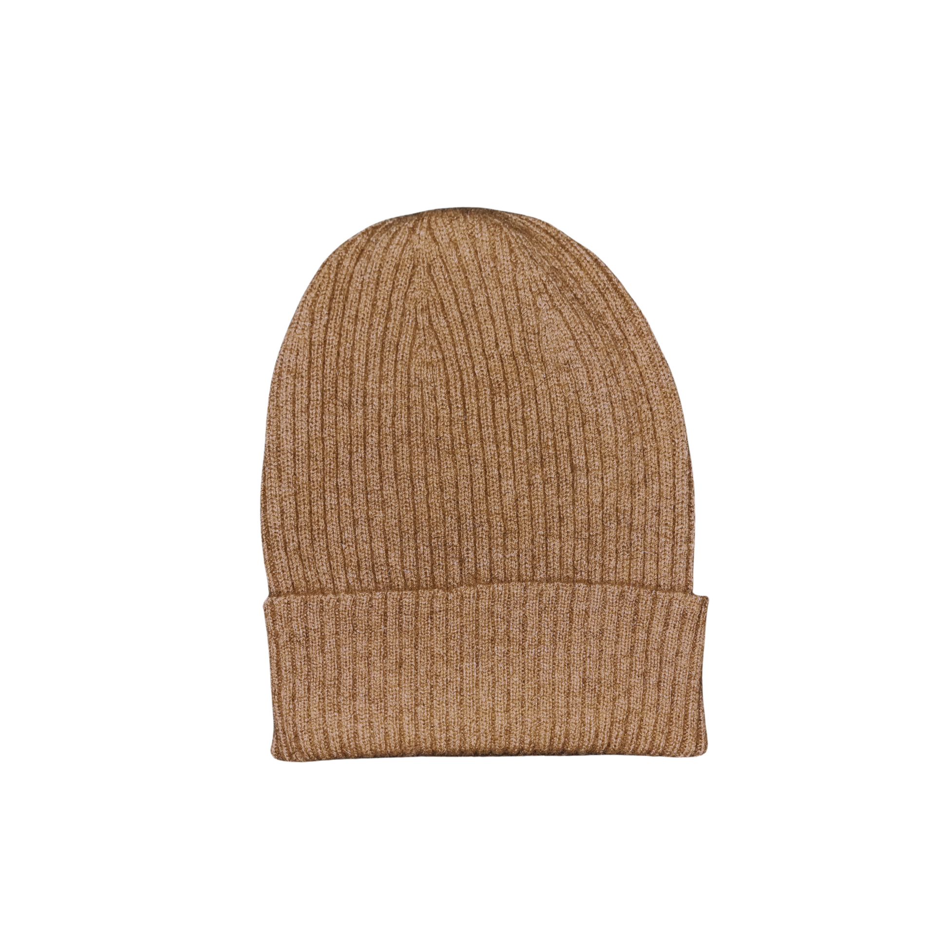 A cosy rich caramel coloured beanie with an all over rib structure. The hem of the beanie is folded up. Hat is made from Merino Angora Possum, Silk and is made locally in New Zealand by a female maker