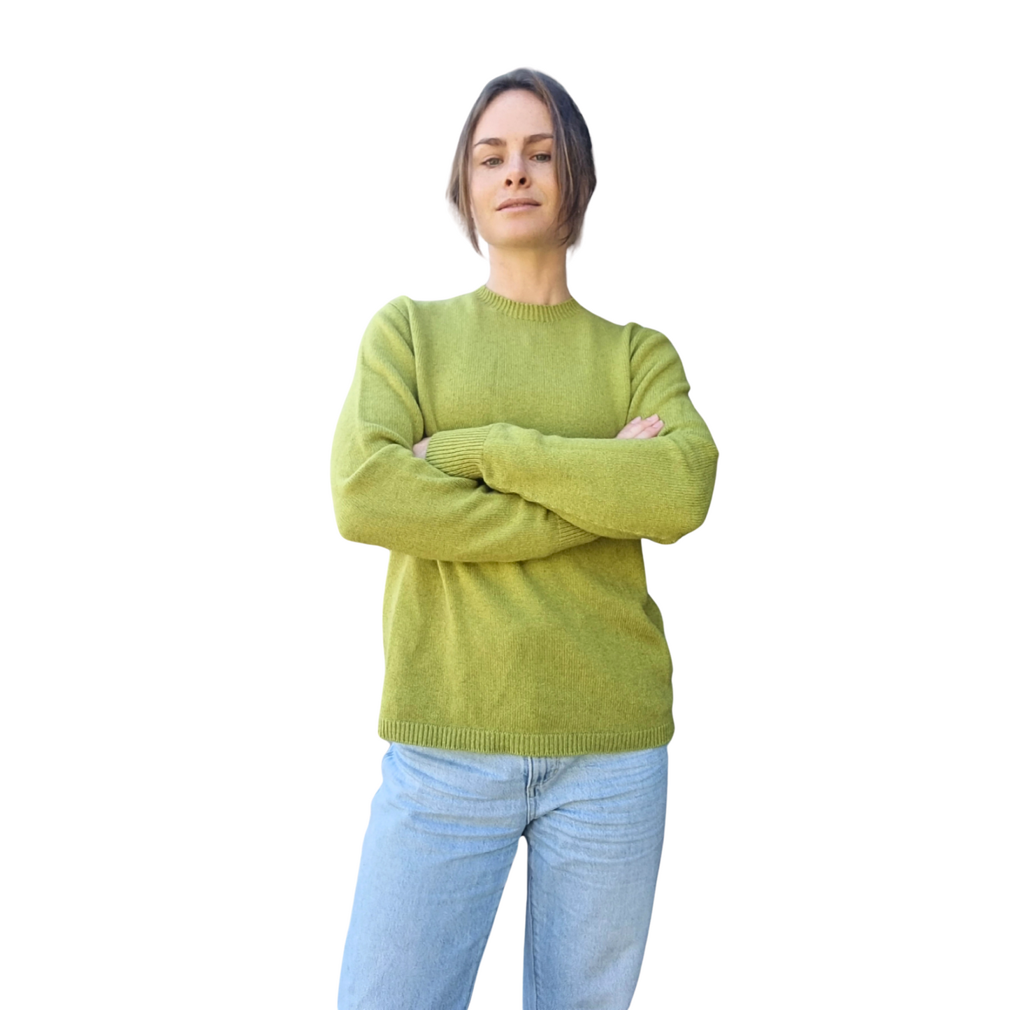 Pear green coloured Cashmere Possum silk jumper on a woman. Sweater is made in locally in New Zealand by female manufacturer. Woman has her arms crossed