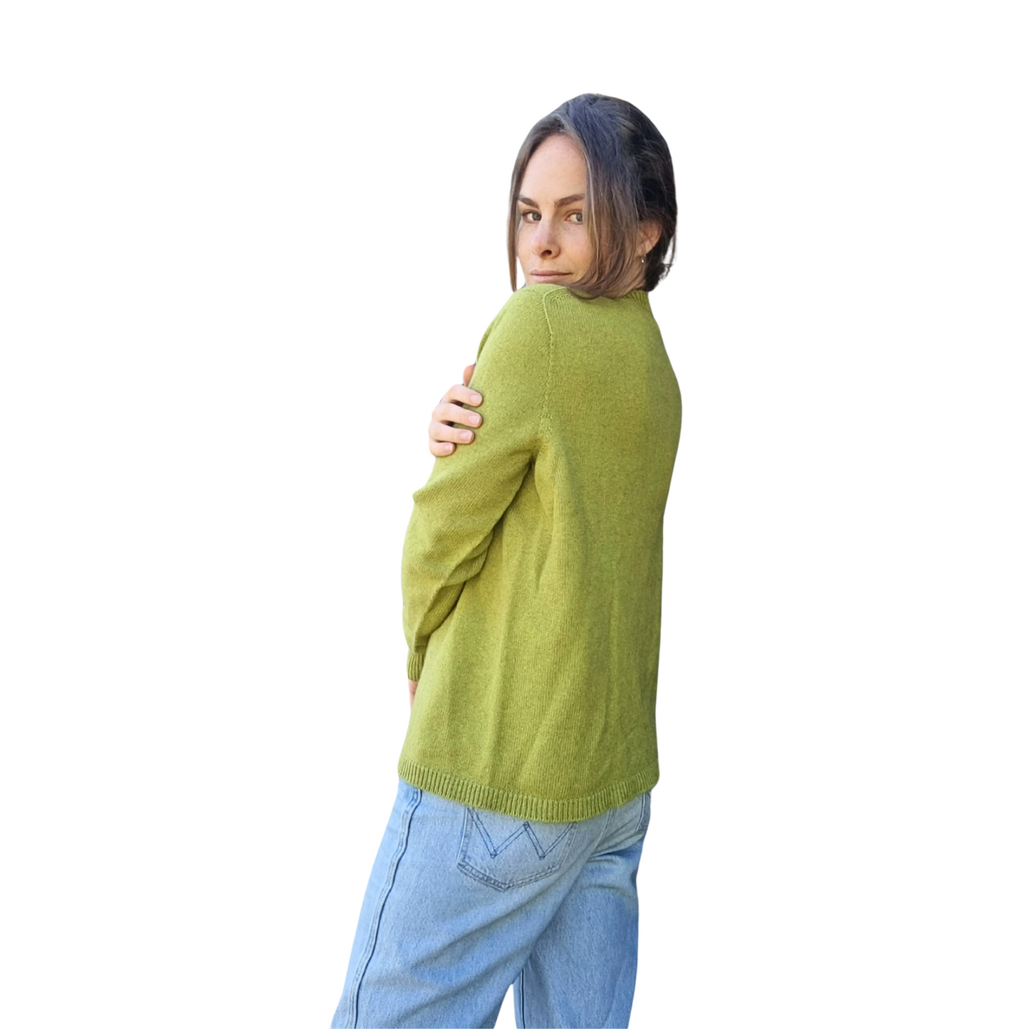 Pear green coloured Cashmere Possum silk jumper on a woman. Sweater is made in locally in New Zealand by female manufacturer