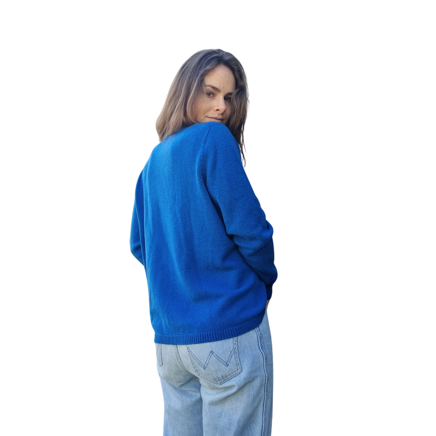 New Zealand made Merino and camel  Knitwear in a vibrant bright blue. Everyday sweater with long sleeves, rib hem and cuff details and and a crew neck. Back view
