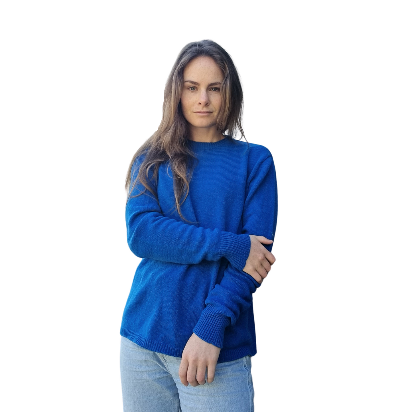 New Zealand made Merino and camel  Knitwear in a bright vibrant blue. Everyday sweater with long sleeves, rib hem and cuff details and and a crew neck. Front view