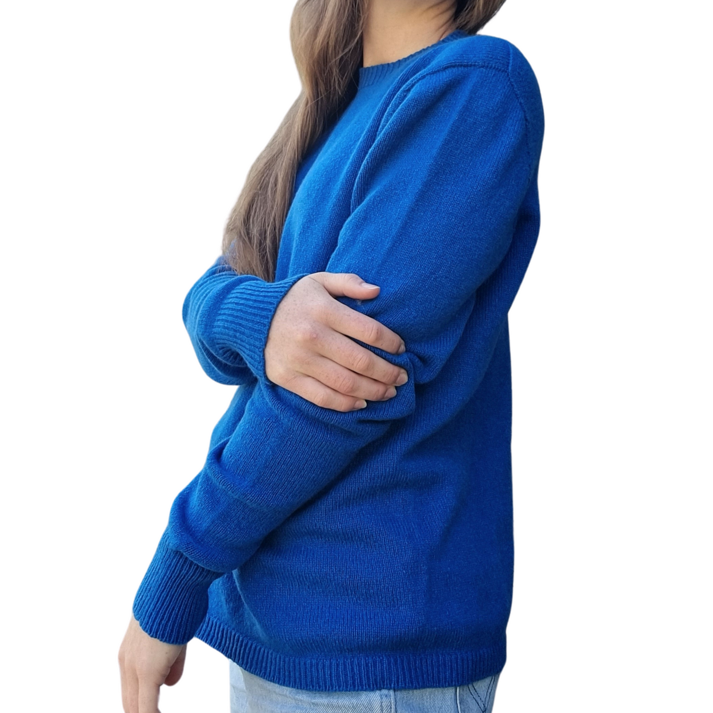 New Zealand made Merino and camel  Knitwear in a bright vibrant blue. Everyday sweater with long sleeves, rib hem and cuff details and a crew neck