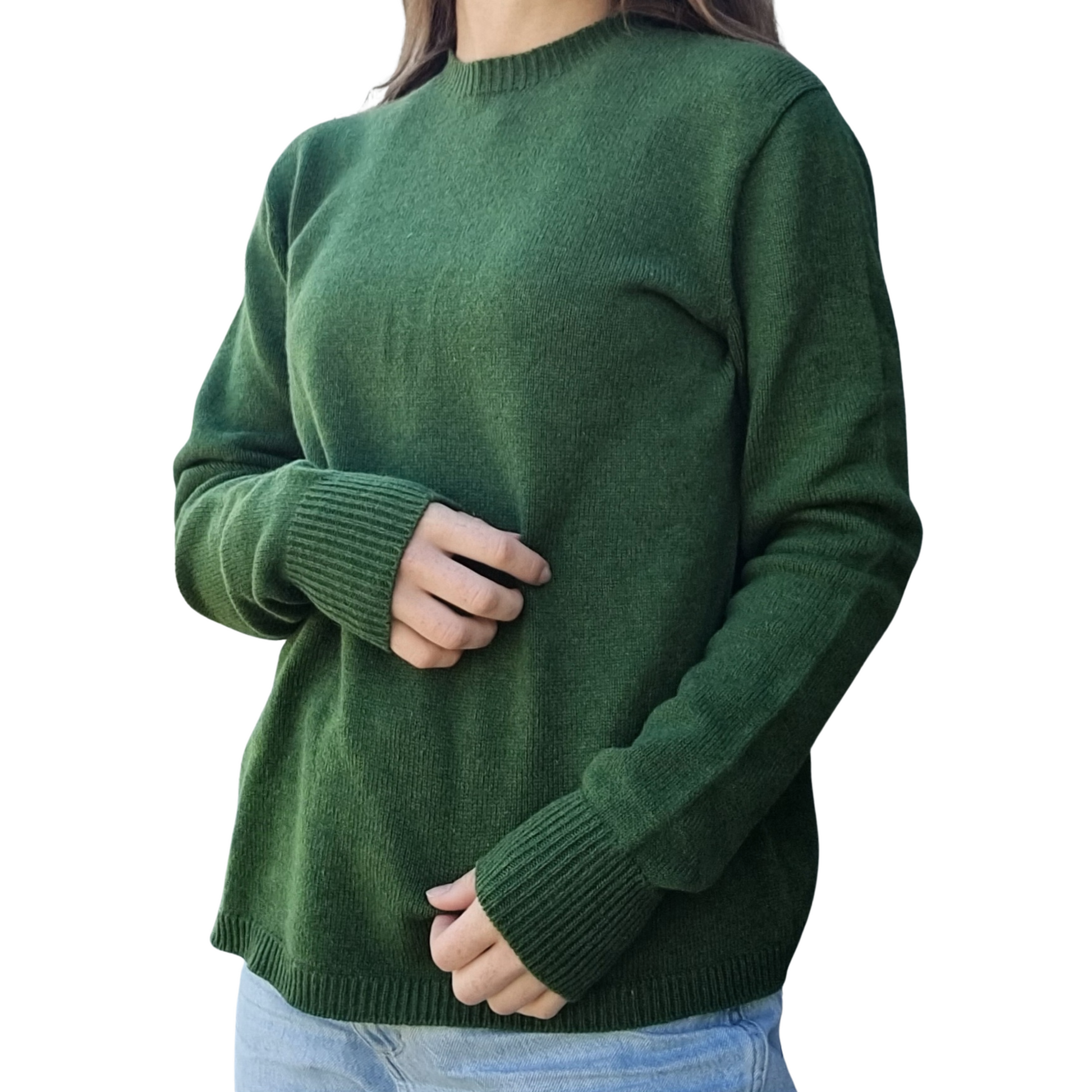 New Zealand made Merino and camel  Knitwear in a warm forest green. Everyday sweater with long sleeves, rib hem and cuff details and and a crew neck. Detail view