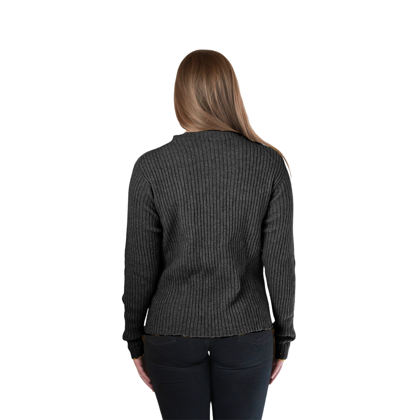 Brunette women wearing a charcoal Merino Possum Nylon Sweater that has a mock neck, long ribbed sleeves and a ribbed body. Jumper is made in New Zealand