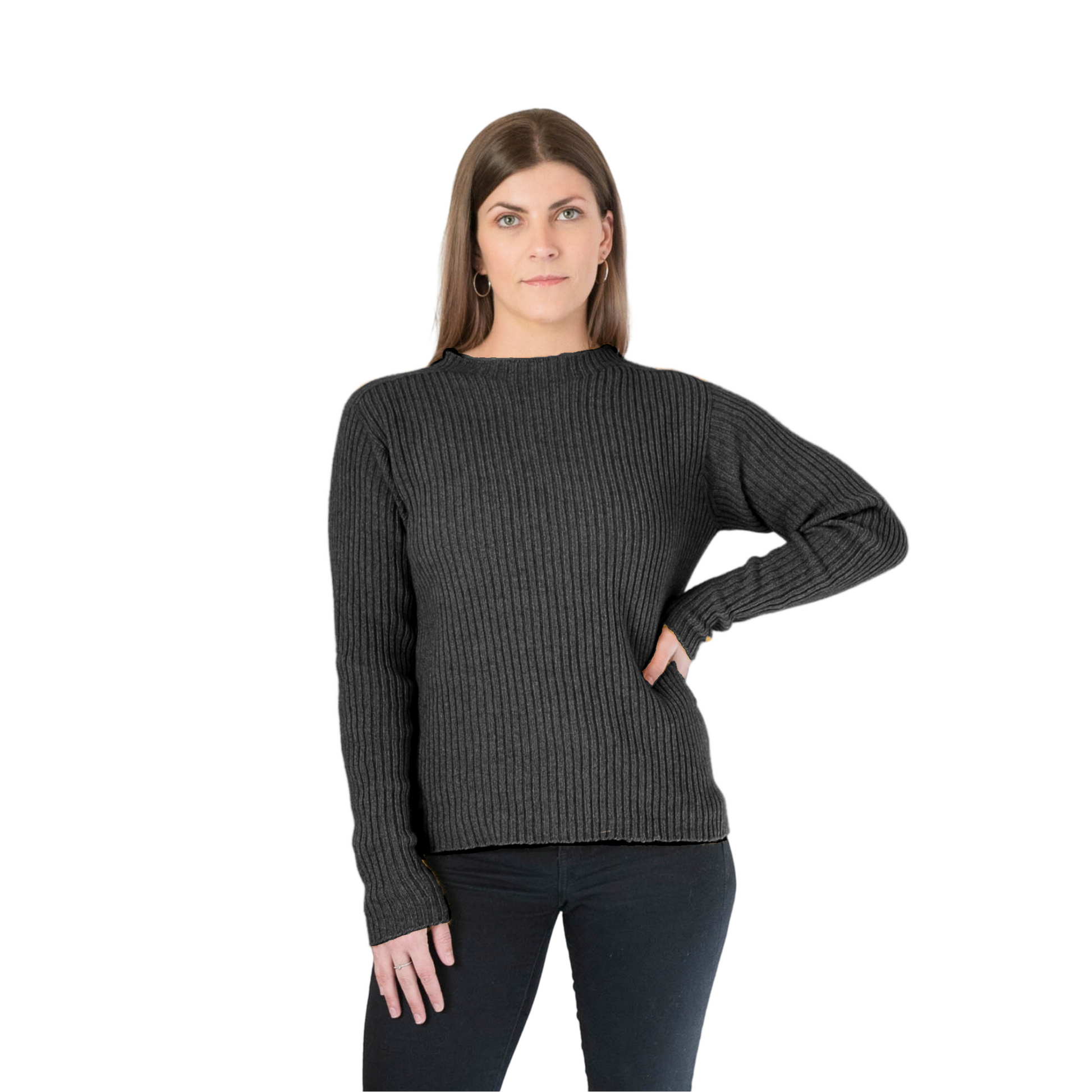 Brunette women wearing a charcoal Merino Possum Nylon Sweater that has a mock neck, long ribbed sleeves and a ribbed body. Jumper is made in New Zealand