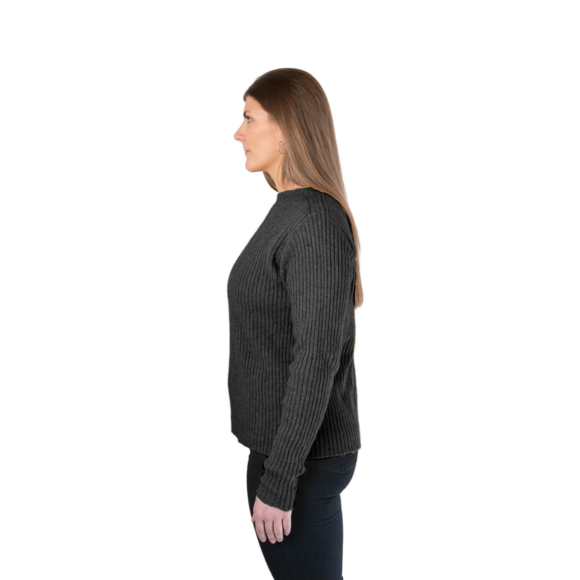 Brunette women wearing a charcoal gray Merino Possum Nylon Sweater that has a mock neck, long ribbed sleeves and a ribbed body. Jumper is made in New Zealand