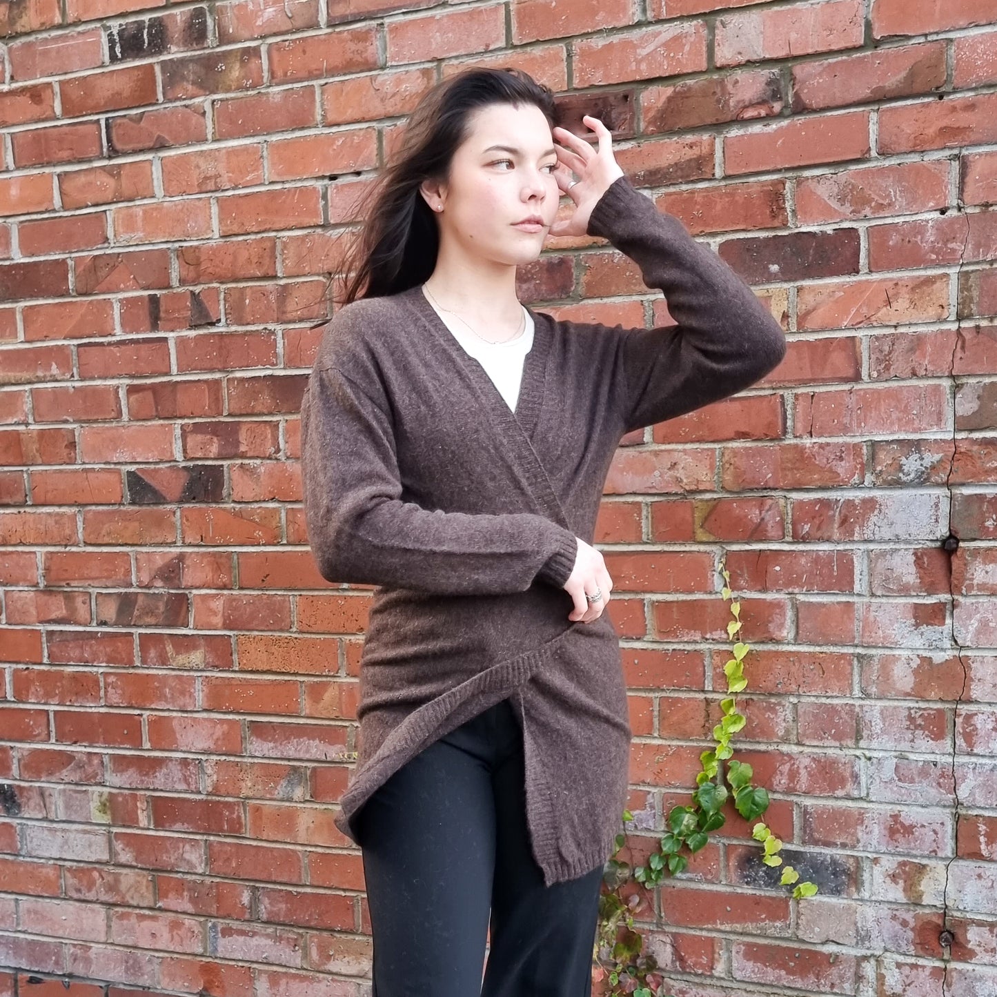 Long sleeve cardigan in a deep earthy brown.