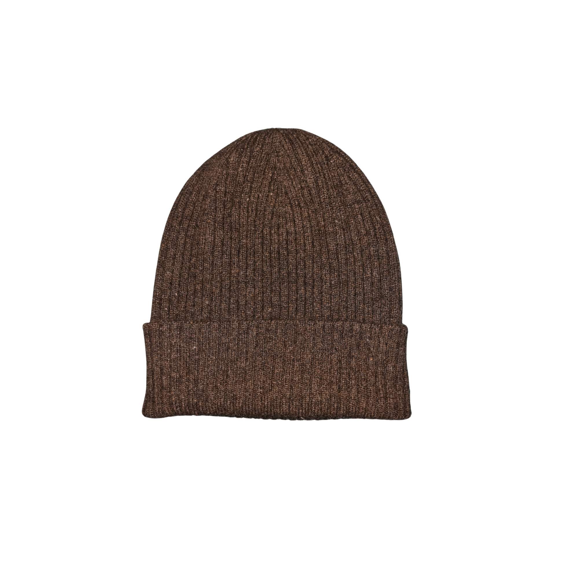 A cosy rich brown coloured beanie with an all over rib structure. The hem of the beanie is folded up. Hat is made from Merino Possum, Silk and is made locally in New Zealand by a female maker