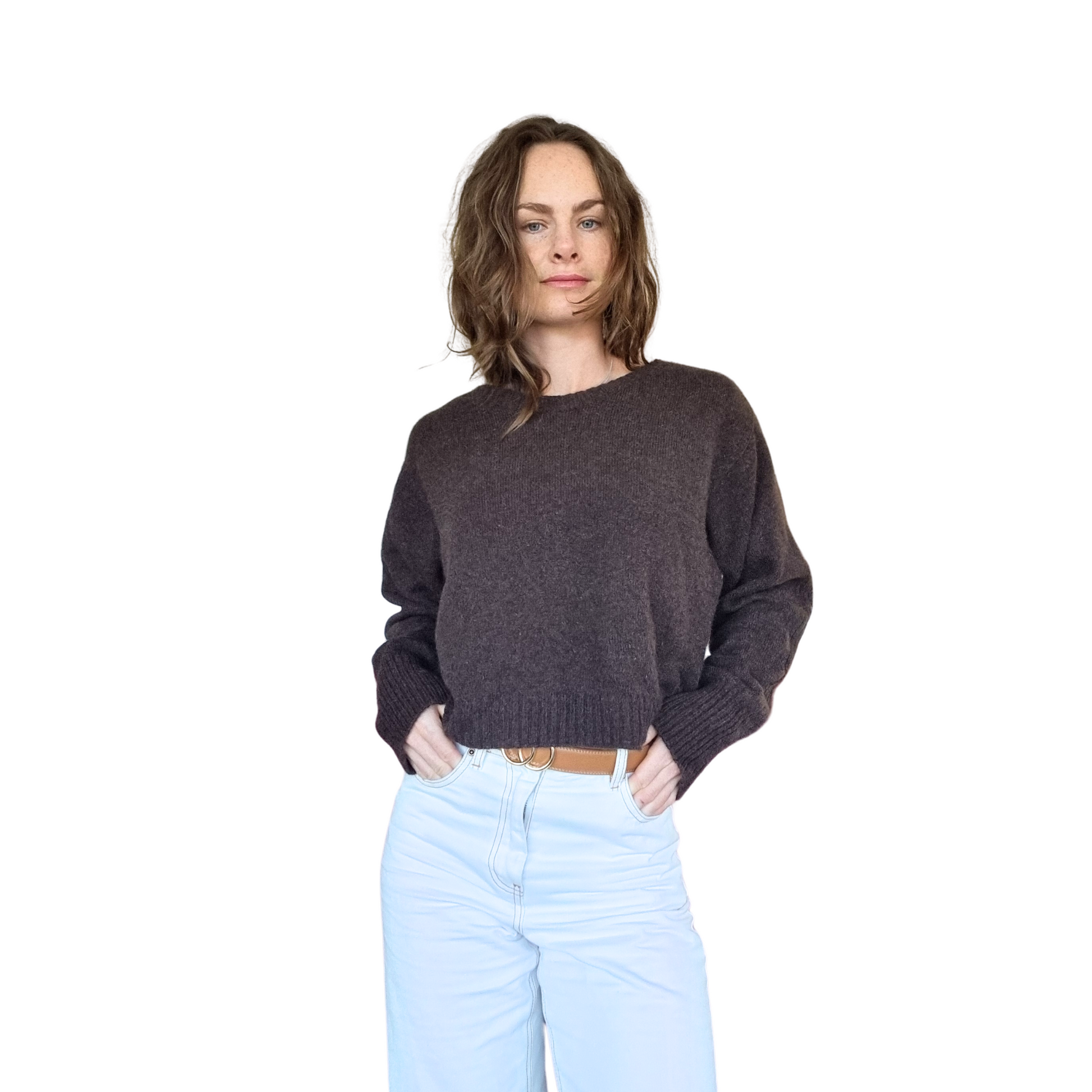 Crew neckline cropped boxy jumper woth rib detail along sleeve. Loose fit cuffs and hem sitting at waist section. Made in New Zealand from Merino Possum and Silk. Favourite Jumper currently trending