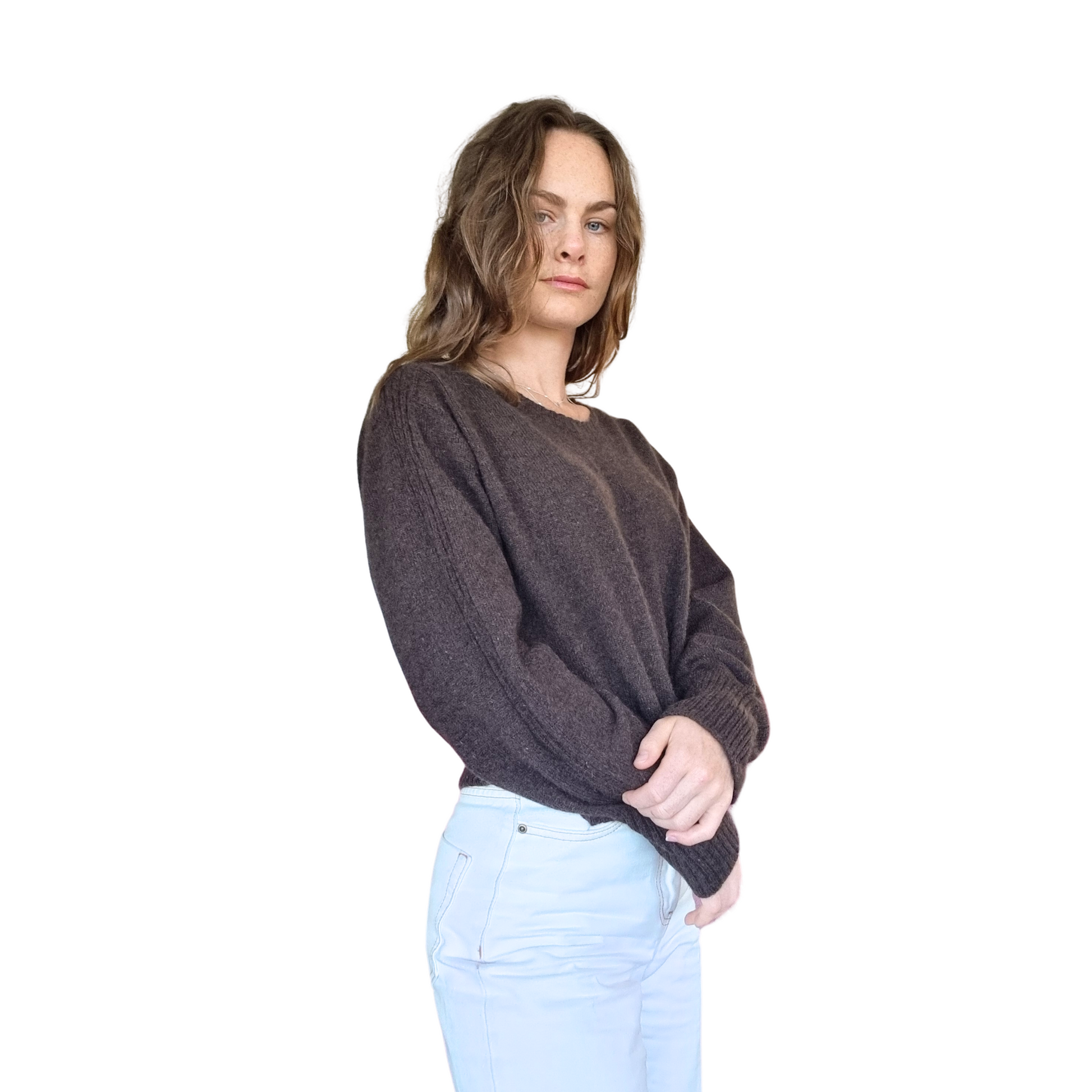 Crew neckline cropped boxy jumper woth rib detail along sleeve. Loose fit cuffs and hem sitting at waist section. Made in New Zealand from Merino Possum and Silk. Favourite Jumper currently trending