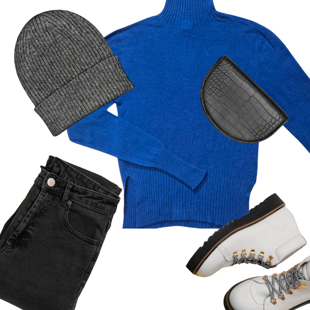 A cosy charcoal Gray coloured beanie with an all over rib structure. Hat is made from Merino Possum, Nylon and is made locally in New Zealand by a female maker Hats hem has been turned up. Fat lay of an outfit with a blue sweater, folded black jeans, white boots, a black bag and the gray hat