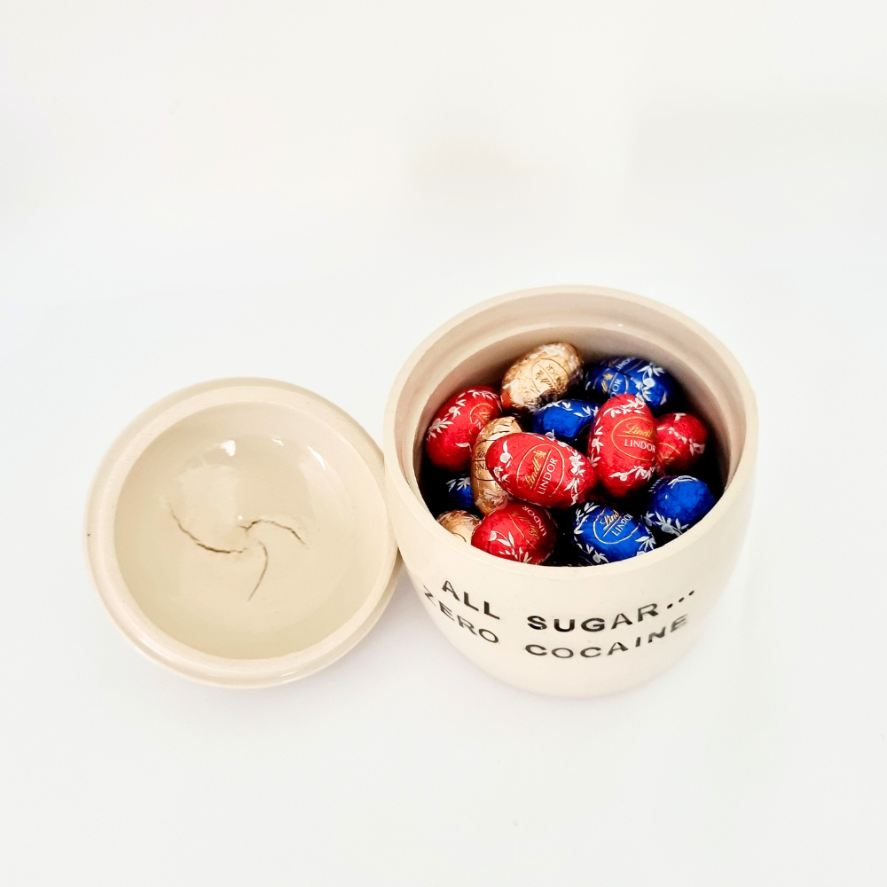 Small Ceramic hand made lidded jar with funny text