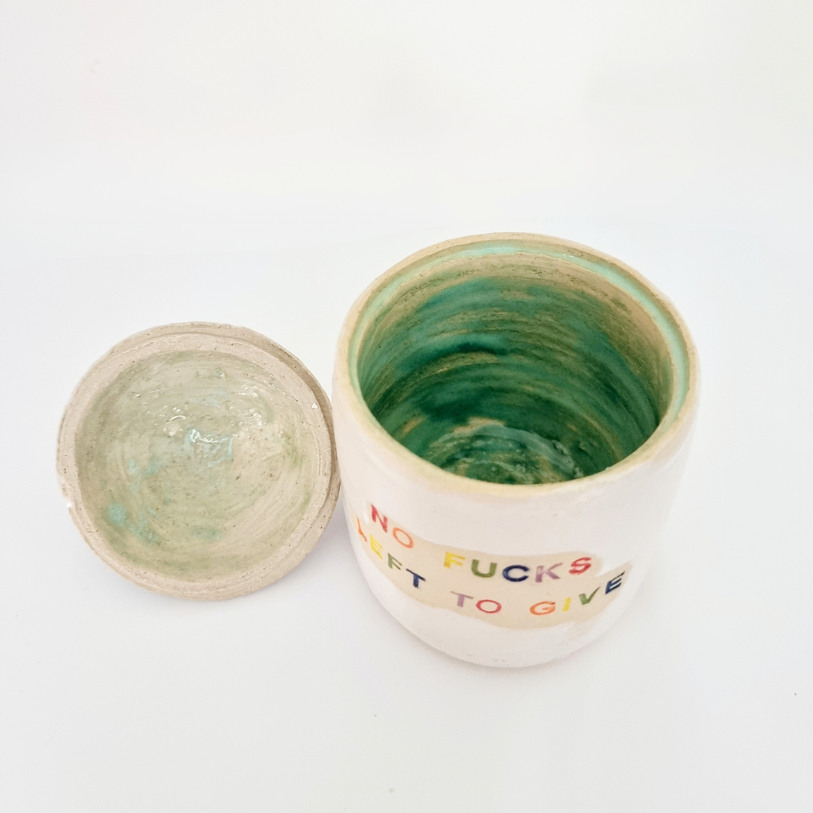 Small Ceramic hand made lidded jar with funny text