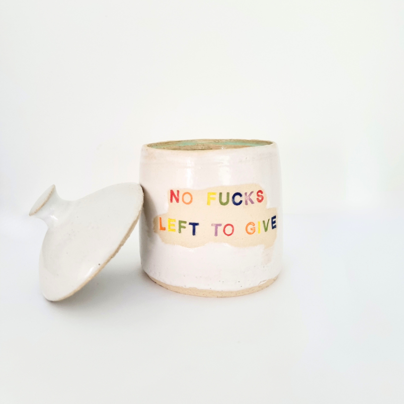 Small Ceramic hand made lidded jar with funny text