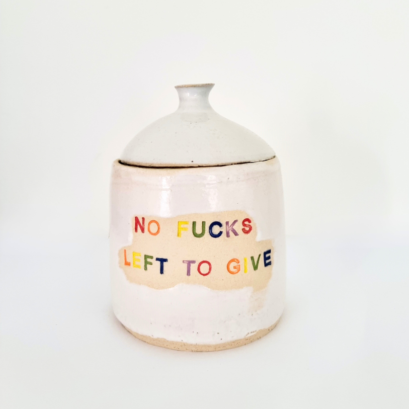 Small Ceramic hand made lidded jar with funny text