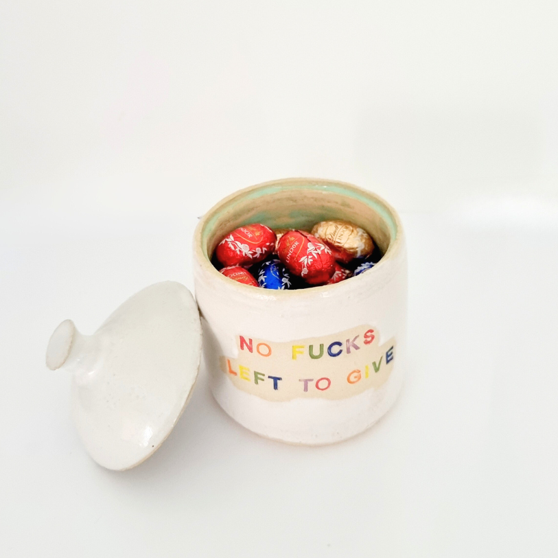 Small Ceramic hand made lidded jar with funny text
