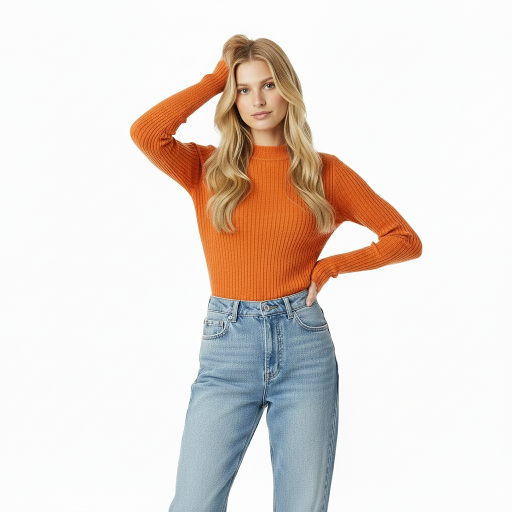Woman wearing an orange sweater and blue jeans on a white background