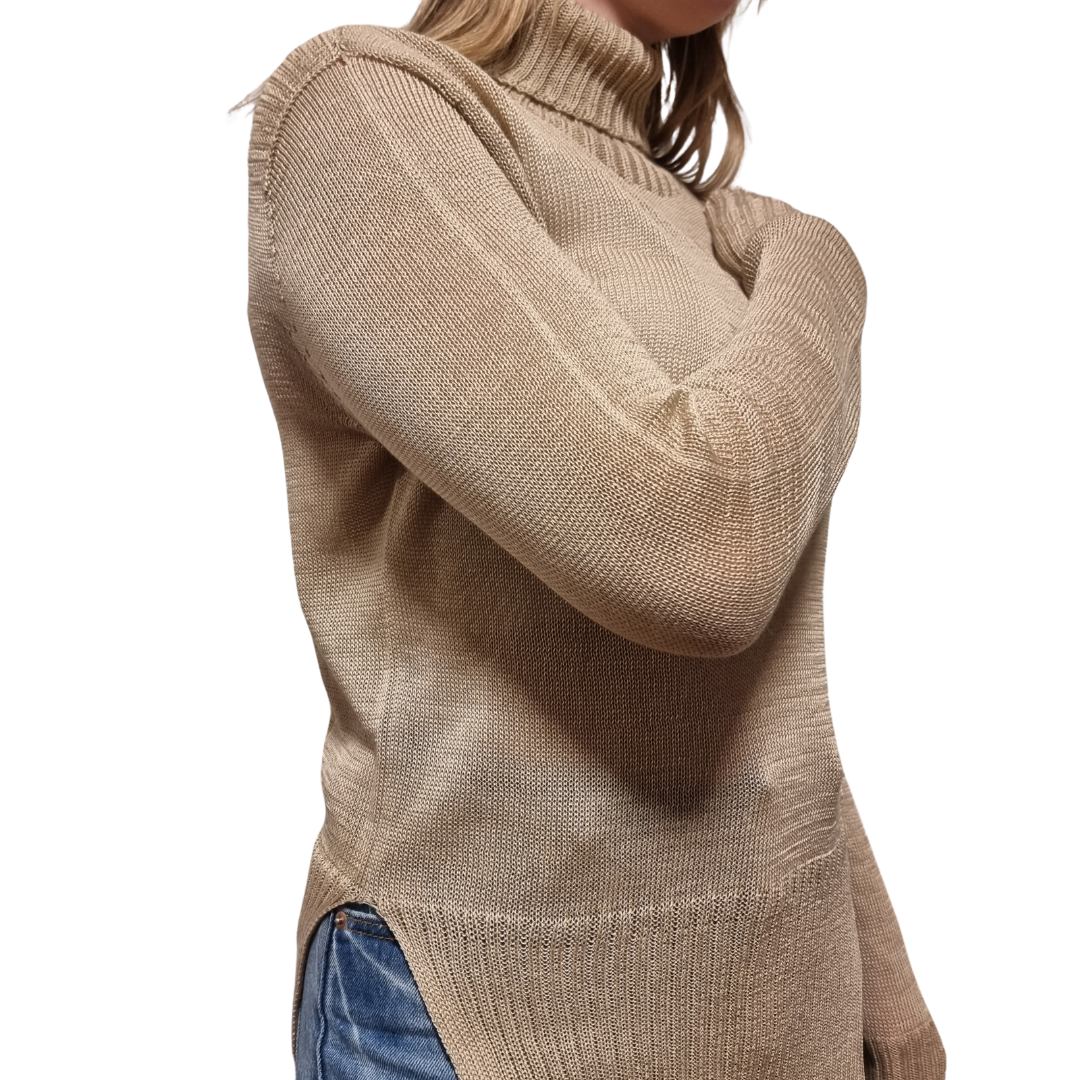100% Cotton Split hem jumper in a light latte brown coour. Made ethically and conciously in New Zealand.