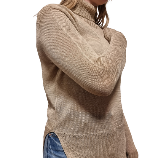 100% Cotton Split hem jumper in a light latte brown coour. Made ethically and conciously in New Zealand.