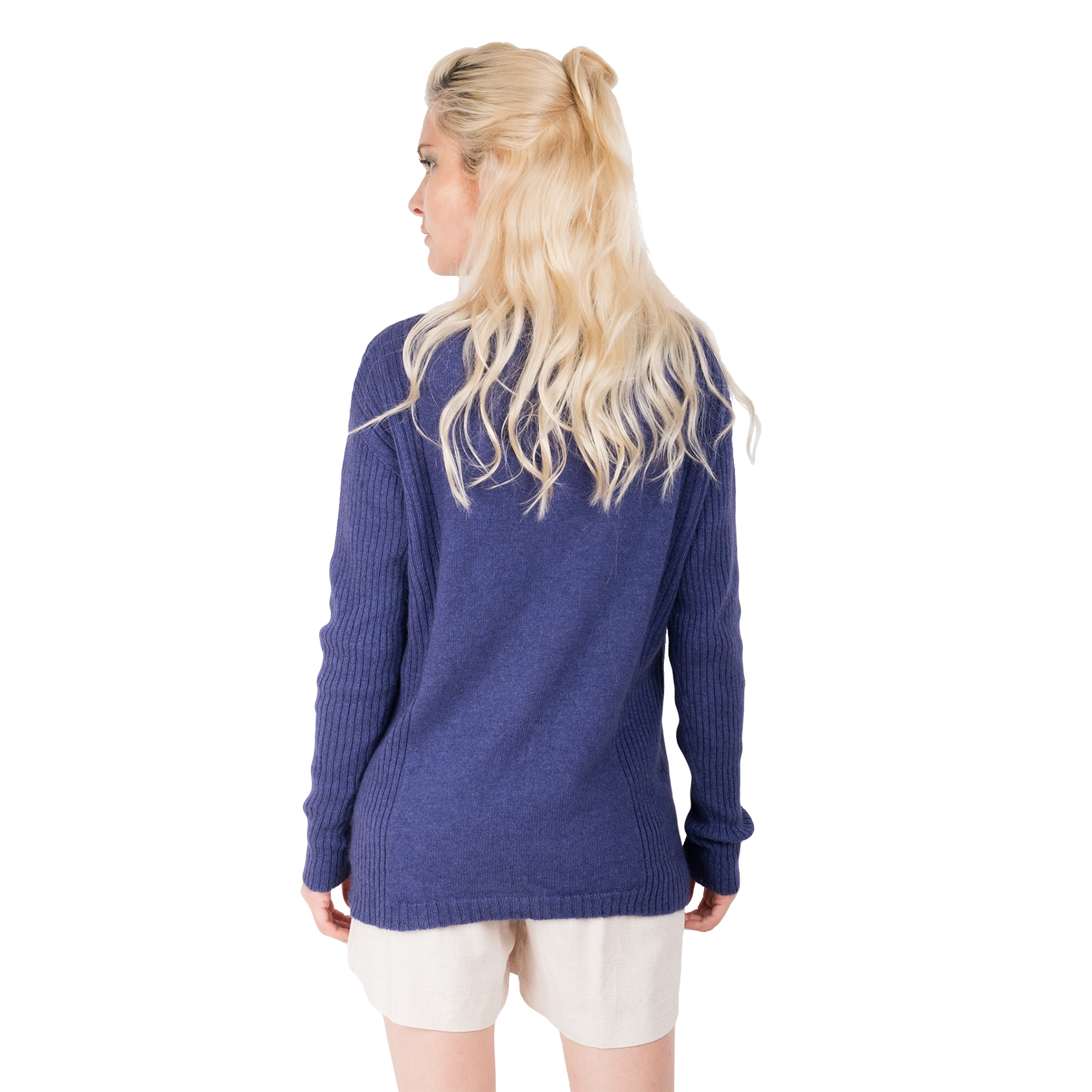 Blonde lady wearing a purple cashmere possum silk sweater. It has long ribbed sleeves and rib stripes down the sides of the body. Made in New zealand