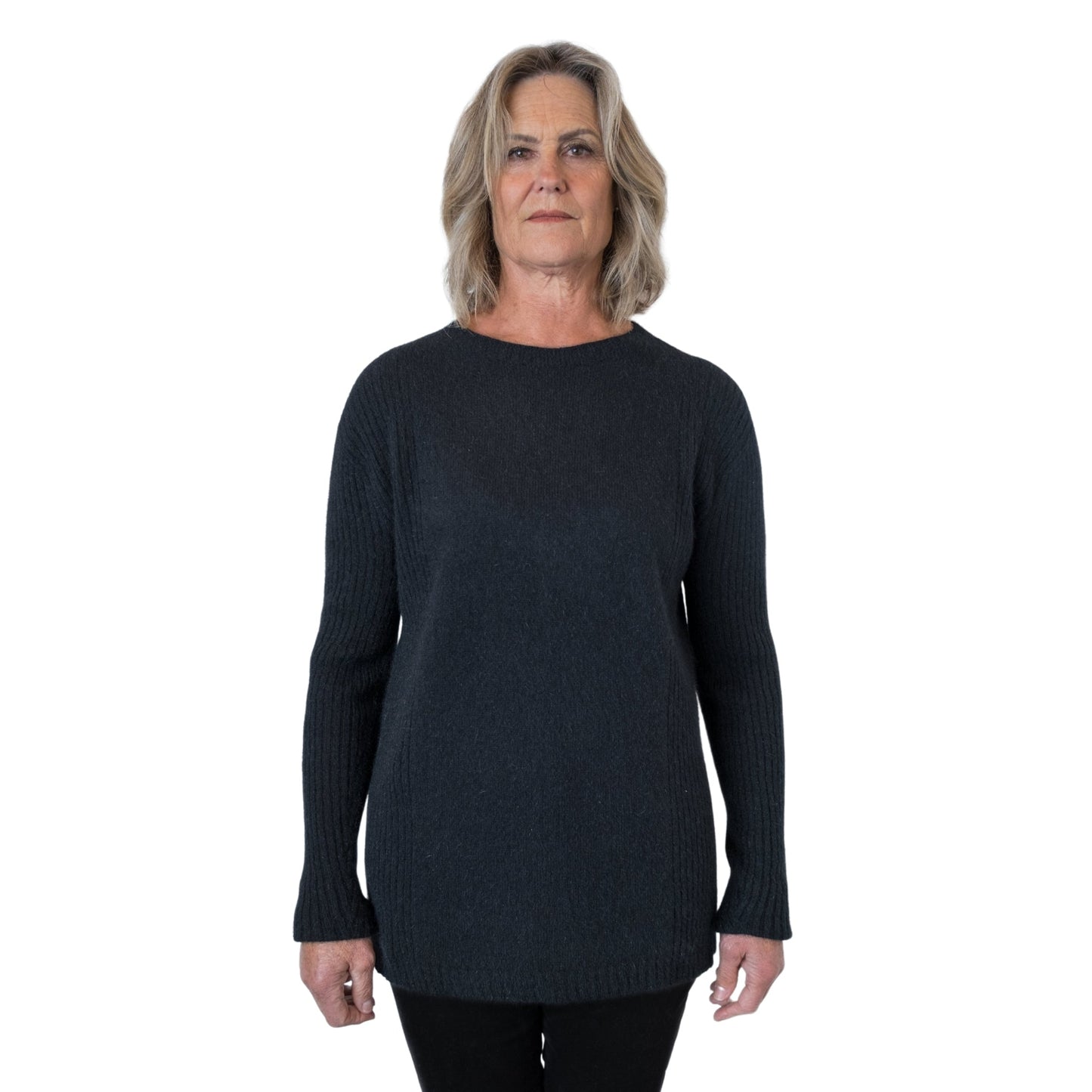 Side Rib sweater in colour Onyx black. Front. Made in New Zealand from Cashmere possum and silk