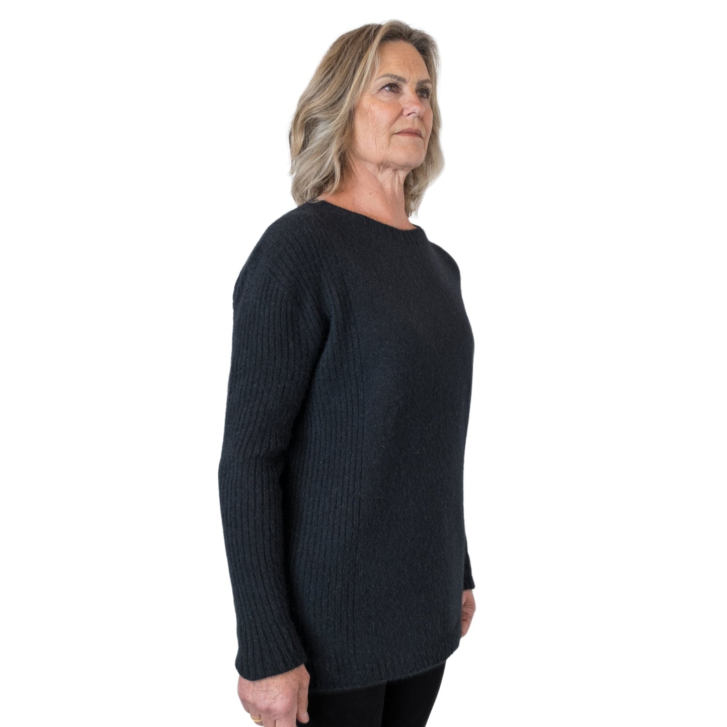 Side Rib sweater in colour Onyx. Side. Made in NZ from cashmere possum and silk