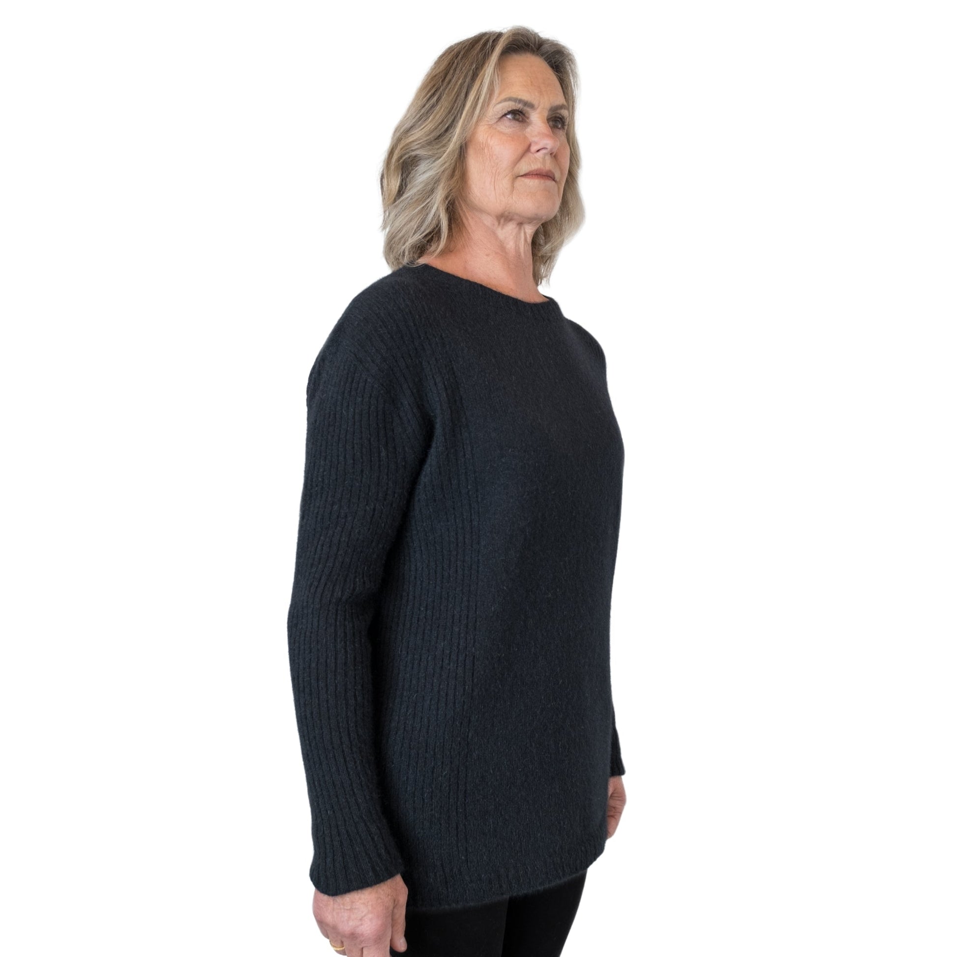Side Rib sweater in colour Onyx. Side. Made in NZ from cashmere possum and silk