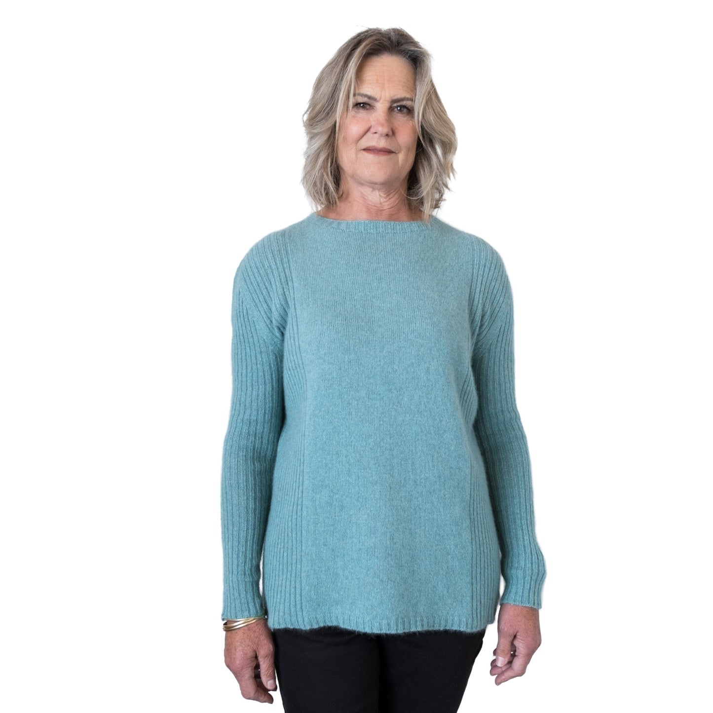 Side Rib sweater in colour Seafoam blue. Front. Made in New Zealand form Cashmere Possum and silk