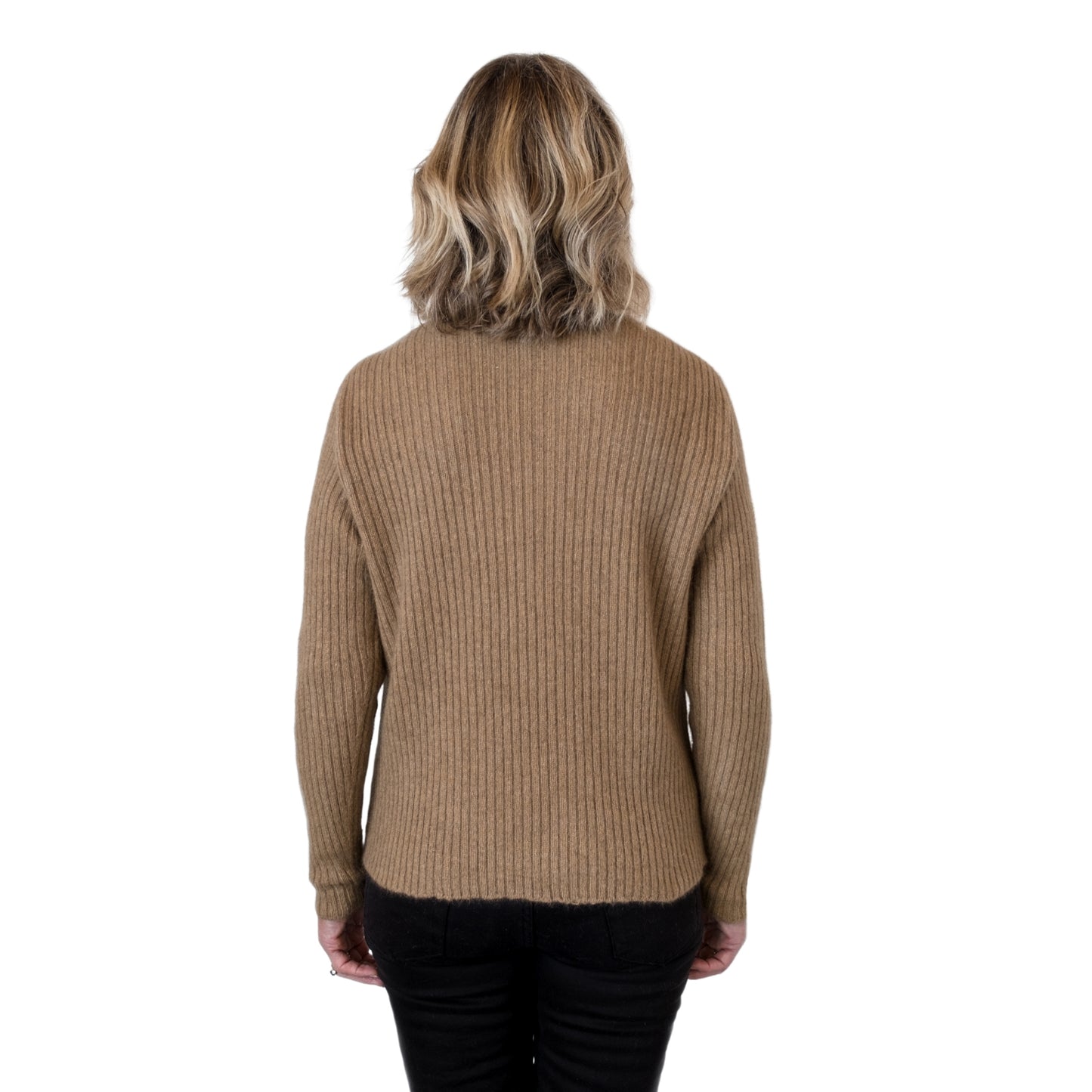 New Zealand made Merino possum Angora and silk jumper in a caramel brown. Fully ribbed sweater with long ribbed sleeves and a mock neck. Back view