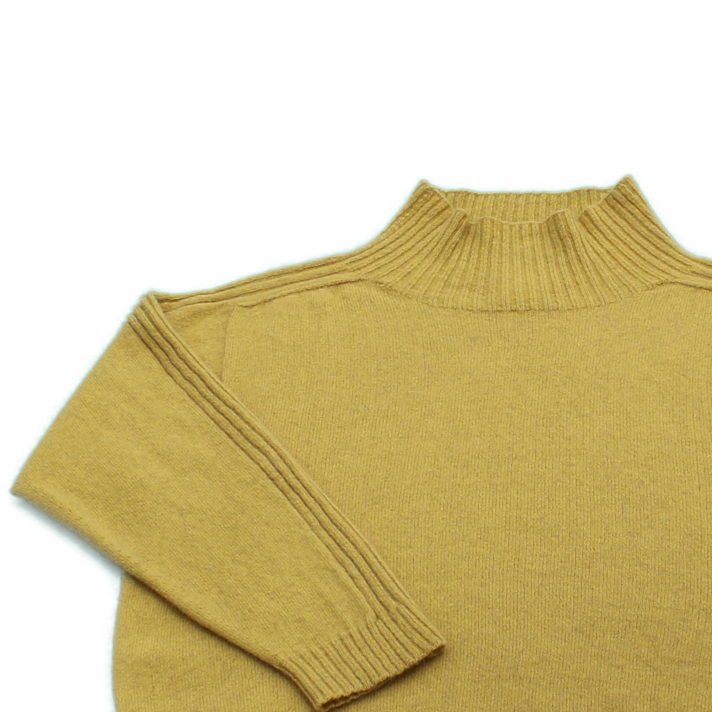Sports stripe sweater with a turtle neck and long sleeves in a sunshin yellow. Made in NZ from New Zelaand Merino Possum and Silk. Turtleneck and Sleeve detail