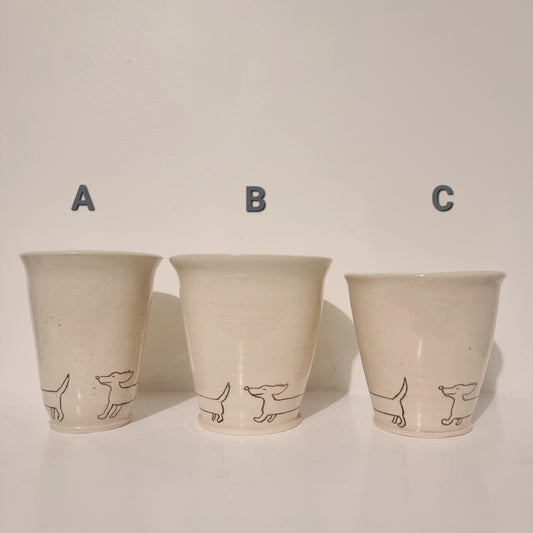 3 cups with sausage dog art