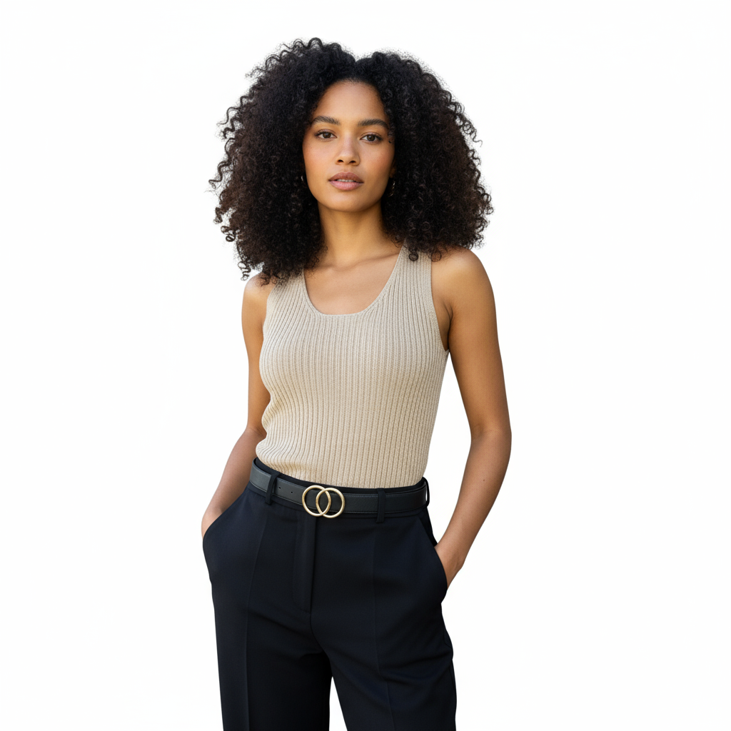Woman wearing a beige tank top and black pants with a belt on a white background