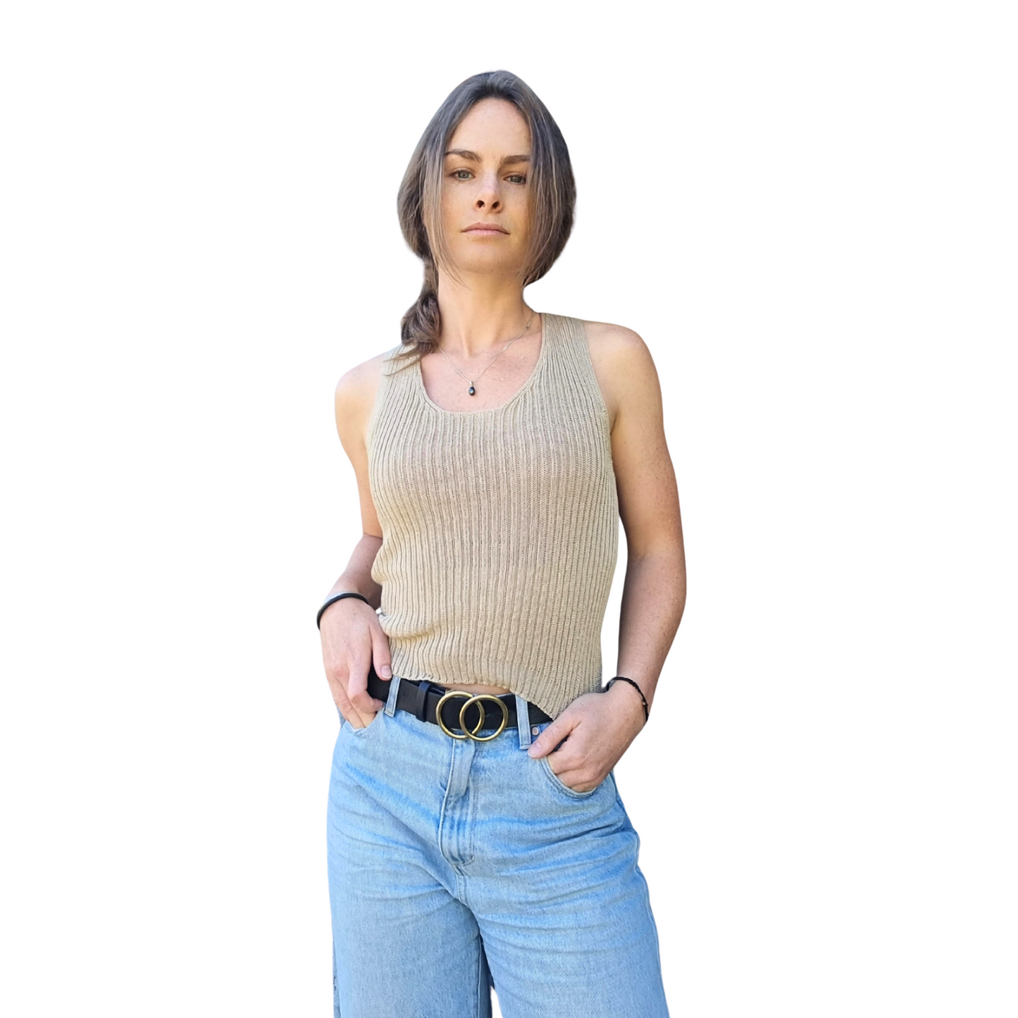 Woman in a summery fitted rib top in a beige latte colour