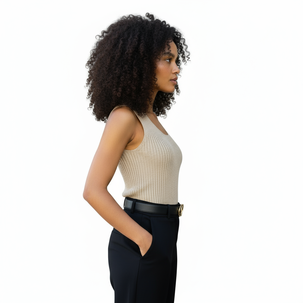 Woman wearing a beige sleeveless top and black pants on a white background