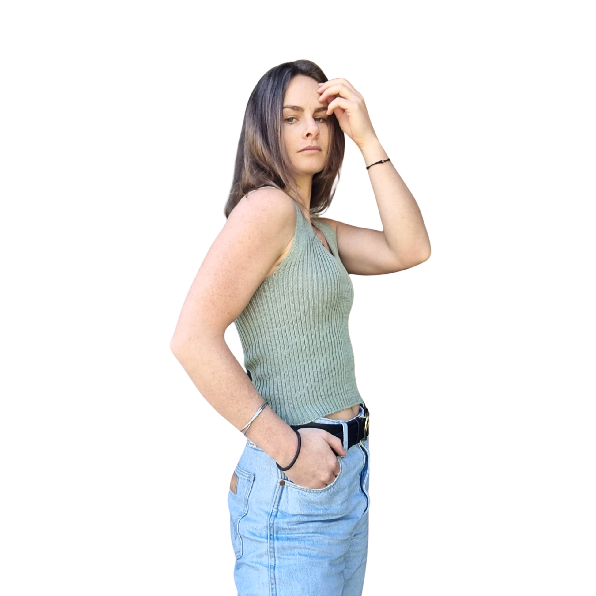 Woman in a summery fitted rib top in a pastel Sage colour