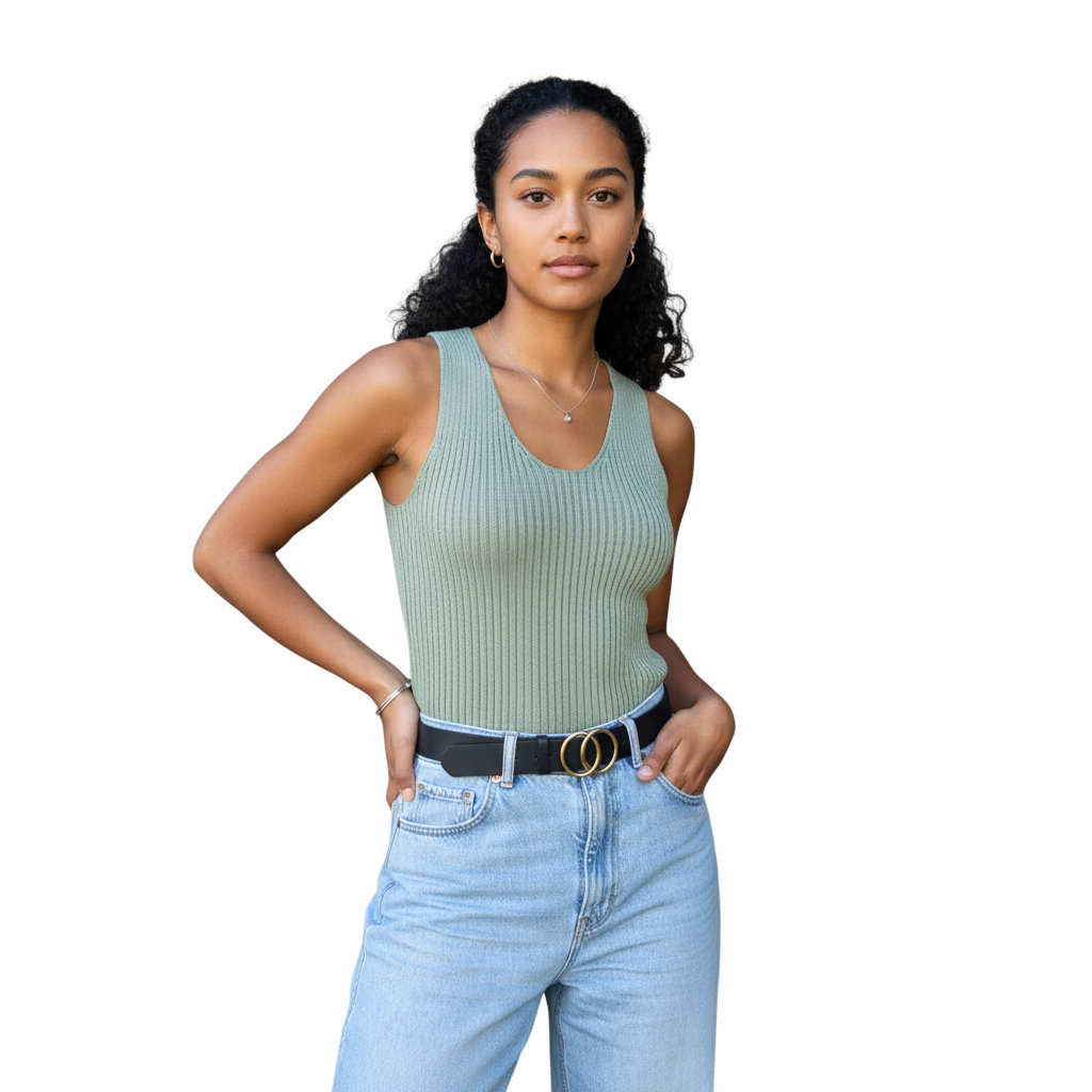 Woman wearing a light green ribbed tank top and blue jeans on a white background