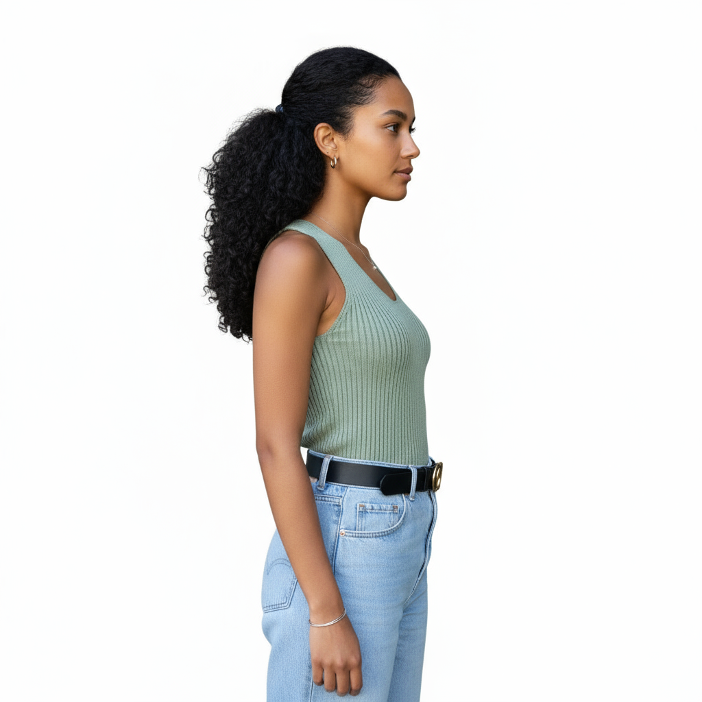 Woman wearing a light green sleeveless top and blue jeans on a white background