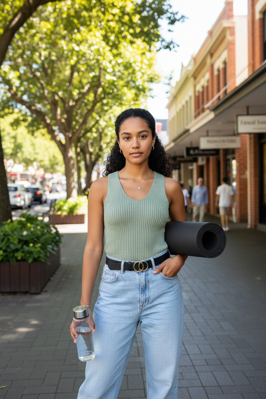 Woman holding a water bottle and yoga mat on a city street