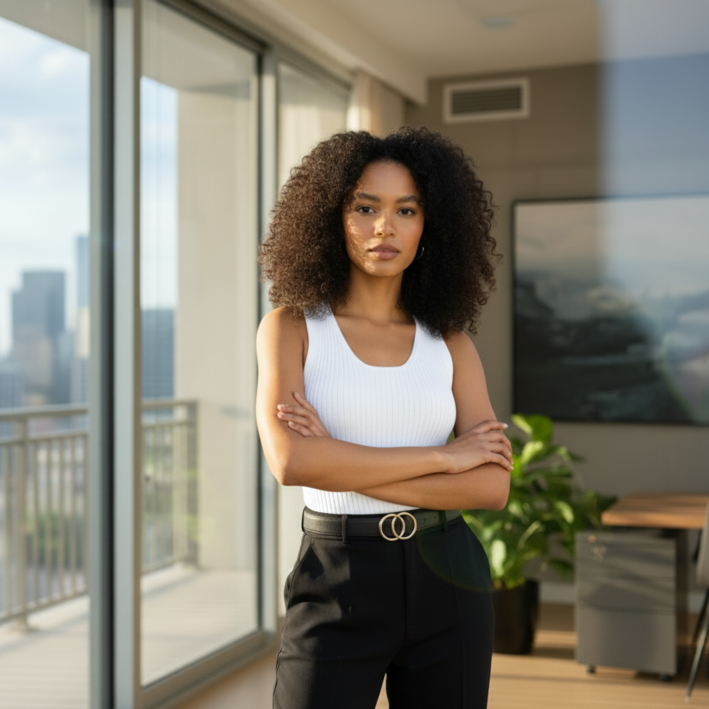 Woman standing in a modern office with large windows and cityscape view