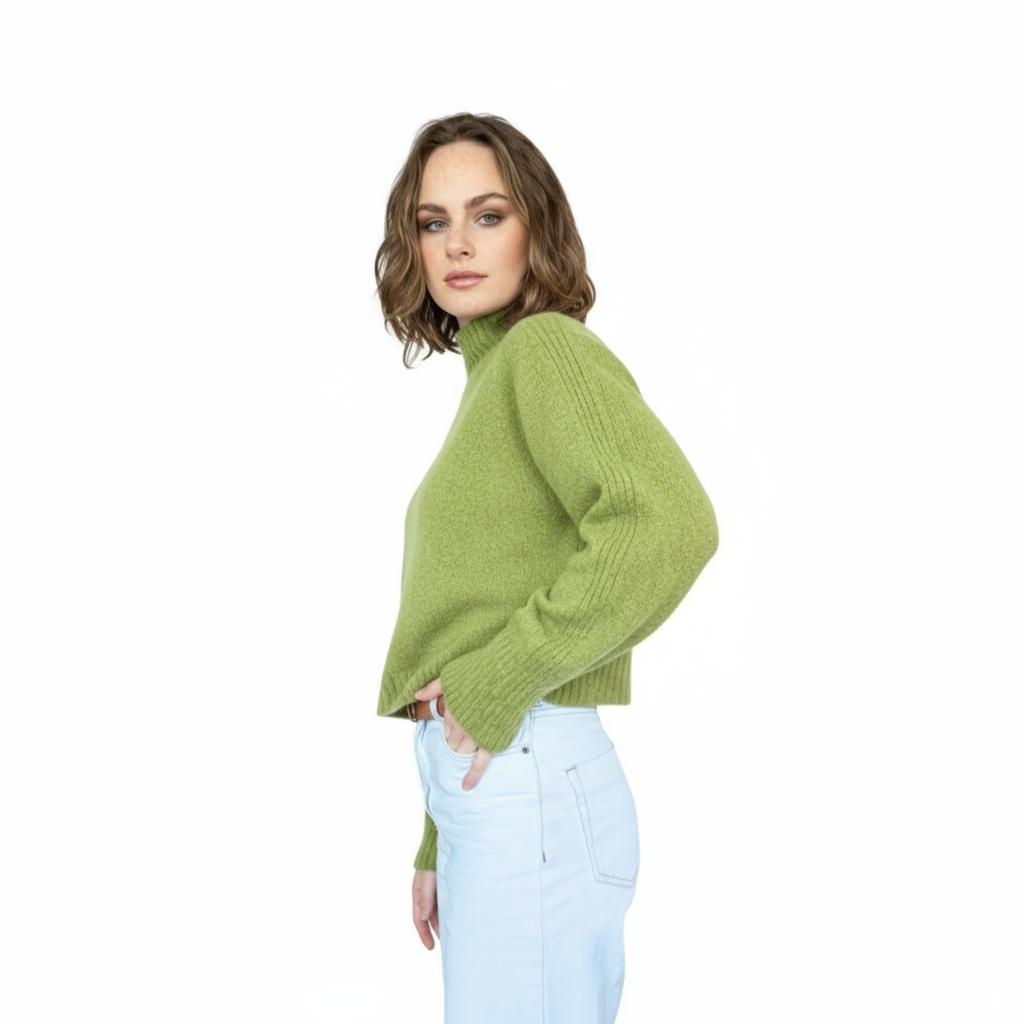 Woman wearing a green sweater and light blue jeans on a white background