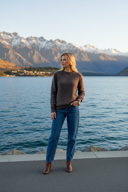 Woman standing by a lake with mountains in the background