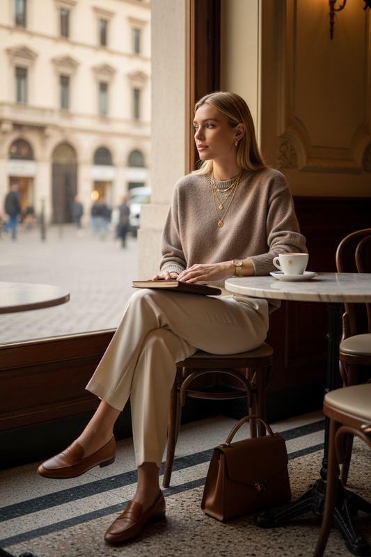 Woman sitting at a cafe table with a cup of coffee, looking out the window.