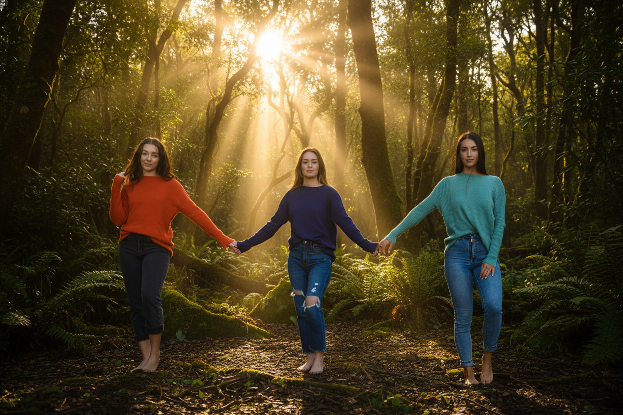 Three women holding hands in a forest with sunlight filtering through the trees.