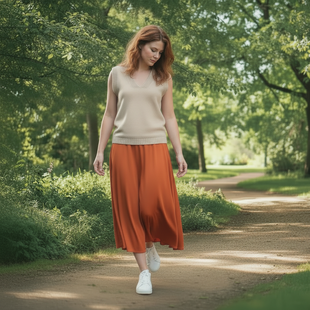 Women in park wearing orange skirt and a merino camel vest