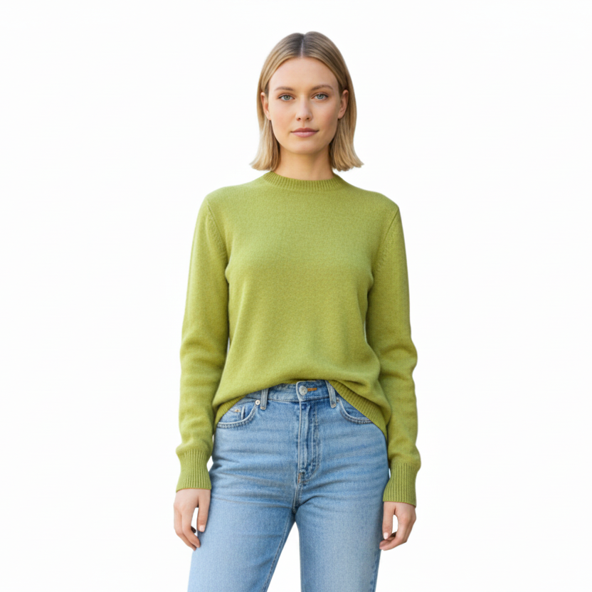 Woman wearing a green sweater and blue jeans on a white background