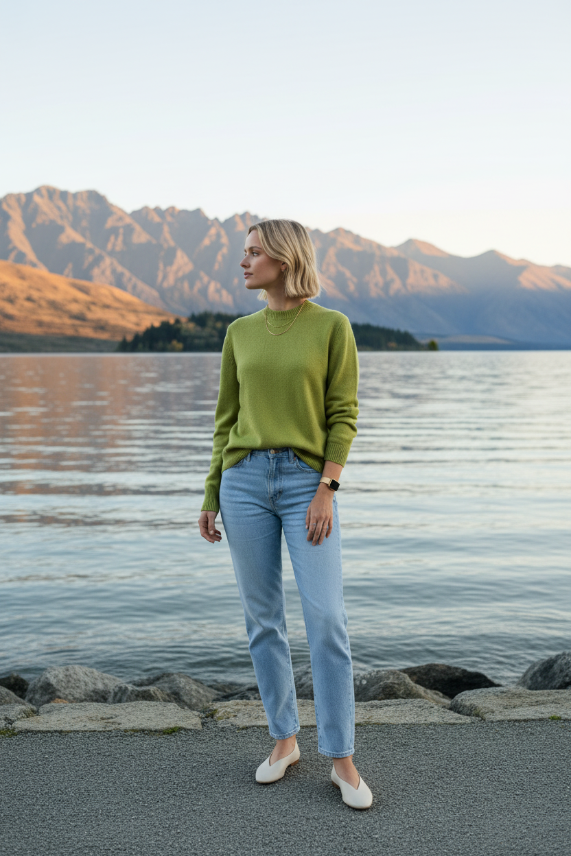 Woman in a green sweater and blue jeans standing by a lake with mountains in the background