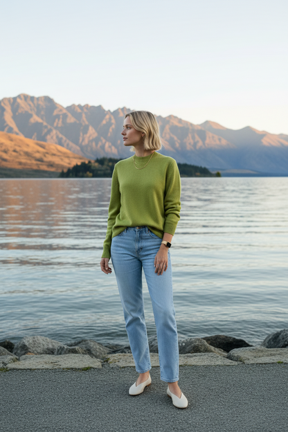 Woman in a green sweater and blue jeans standing by a lake with mountains in the background