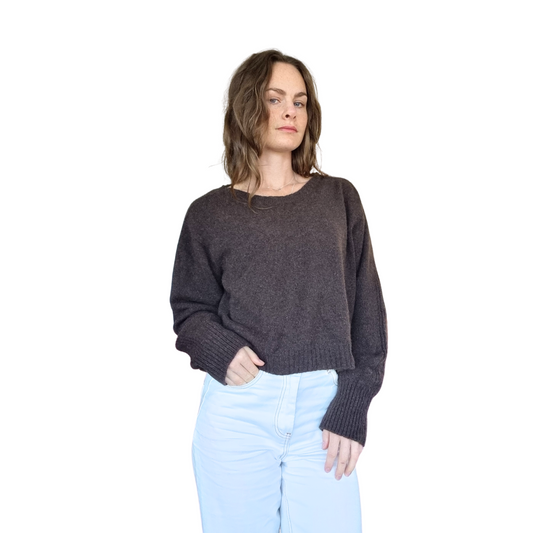 Crew neckline cropped boxy jumper woth rib detail along sleeve. Loose fit cuffs and hem sitting at waist section. Made in NEw Zealand from Merino Possum and Silk. Favourite Jumper currently trending